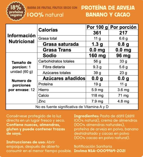 Barra de frutas y proteína: arveja, banano y cacao (Sin azucar añadida)