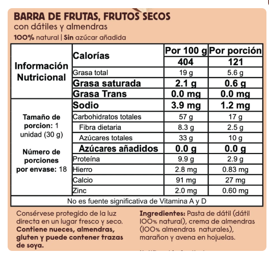 Barra de frutas y frutos secos Zubu 30gr