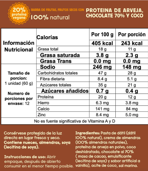 Barra de frutas y Proteína con arveja, chocolate 70% y coco Zúbu