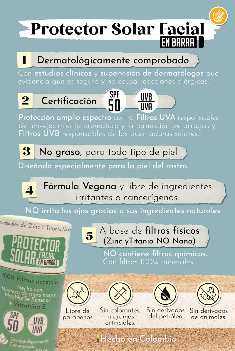 Protector Solar Facial en Barra SPF50 con 100% Filtros minerales (20g) Santo Remedio