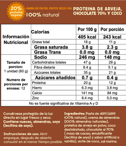 Barra de frutas y Proteína con arveja, chocolate 70% y coco Zúbu