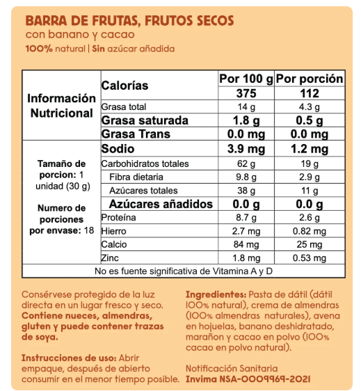 Barra de frutas y frutos secos Zubu 30gr