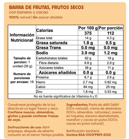 Barra de frutas y frutos secos Zubu 30gr