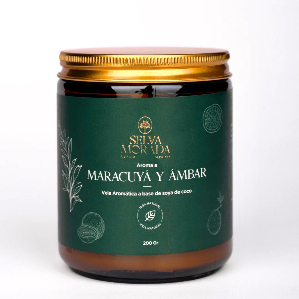 Vela aromática natural de maracuyá, ambar, vainilla y naranja
