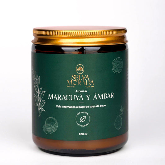 Vela aromática natural de maracuyá, ambar, vainilla y naranja